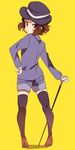  brown_hair cane cosplay from_behind hat hercule_poirot hercule_poirot_(cosplay) hyouka ibara_mayaka kimi_ni_matsuwaru_mystery looking_back red_eyes short_hair shorts solo sunameri_oishii thighhighs 