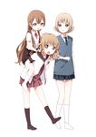  black_legwear blonde_hair brown_eyes brown_hair carrying hair_ornament hairclip hand_on_head hand_on_shoulder long_hair multiple_girls namori nanamori_school_uniform non-web_source official_art oomuro-ke oomuro_hanako oomuro_nadeshiko oomuro_sakurako open_mouth piggyback school_uniform serafuku short_hair siblings simple_background sisters sitting sitting_on_person skirt suspenders sweater_vest white_background white_legwear yuru_yuri 