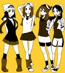  bad_id bad_pixiv_id bandana beanie bike_shorts black_hair blue_(pokemon) blush brown_hair dress fukukichi hair_ornament haruka_(pokemon) hat hikari_(pokemon) multiple_girls pokemon pokemon_(game) pokemon_dppt pokemon_frlg pokemon_gsc pokemon_rse skirt smile standing twintails yellow_background 