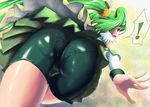  1girl ass ass_focus bike_shorts choker commentary_request cure_march from_behind green green_eyes green_hair green_shorts green_skirt long_hair looking_back midorikawa_nao pantylines ponytail precure ralfu shorts shorts_under_skirt skirt smile_precure! solo surprised thigh_gap tri_tails 