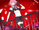  :d belt black_bra black_gloves bow bra gloves ikasama_life_game_(vocaloid) looking_at_viewer mashiko_imo open_clothes open_mouth open_shirt pink_eyes pink_hair railing scythe shirt short_hair shorts signature smile solo standing tamagawa_maki thighhighs torn_clothes torn_legwear underwear vocaloid weapon 