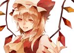  ascot blonde_hair fang fingernails flandre_scarlet hat hat_ribbon open_mouth red_eyes ribbon side_ponytail slit_pupils solo touhou uki001 upper_body white_background wings 