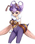  antennae bee_girl fur hand_on_own_face highres insect_girl insect_wings kosumo monster_girl pantyhose purple_eyes purple_hair purple_legwear q-bee short_hair sleeveless smile solo vampire_(game) white_background wings 