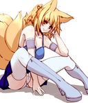  animal_ears bare_shoulders blonde_hair breasts dearmybrothers fox_ears fox_tail highres large_breasts looking_at_viewer multiple_tails panties pantyshot pantyshot_(sitting) short_hair sitting smile solo tail thighhighs touhou underwear white_background white_legwear white_panties yakumo_ran yellow_eyes 