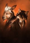  alectorfencer anthro canine duo fox kangaroo male mammal marsupial plain_background red_background suit 