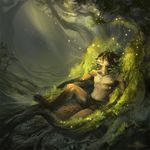  alectorfencer beard blue_eyes brown_hair canine claws clothing facial_hair forest fox fur hair light lying male mammal scenery shorts smile solo toe_claws topless tree wood 