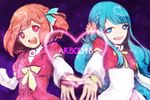  akb0048 aqua_hair flower heart karnemelk long_hair motomiya_nagisa multiple_girls outstretched_hand red_hair ribbon short_hair smile sono_chieri 