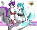  &lt;3 blue_hair bra breasts canine chest_tuft clothed clothing dog female fondling fur hair husky huskyblue jess_(teckly) lesbian male mammal panties purple_eyes purple_hair sitting skimpy tuft underwear vanillapaw werefox werefox_(character) wolf 