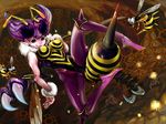  antennae aqua_eyes bee bee_girl beehive bug chinchira claws clone dutch_angle fur honeycomb_(pattern) insect insect_girl monster_girl multiple_girls pantyhose purple_hair purple_legwear q-bee short_hair vampire_(game) 