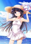  black_hair blue_eyes cloud day dress gokou_ruri hands_on_headwear hat hat_ribbon light_rays long_hair nakajima_yuka ore_no_imouto_ga_konna_ni_kawaii_wake_ga_nai ribbon sky solo sun_hat sunbeam sundress sunlight water 