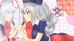  applying_makeup blue_eyes blush braid earrings hat hirasawa_yuu holding jewelry lipstick lipstick_tube long_hair makeup mirror nurse_cap reflection silver_hair single_braid smile solo touhou yagokoro_eirin 