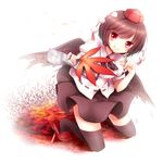  bad_id bad_pixiv_id black_hair black_legwear blush brush fan geta hat hauchiwa holding kneeling leaf looking_at_viewer newspaper red_eyes sanotsuki shameimaru_aya short_hair skirt smile solo thighhighs tokin_hat touhou wings 