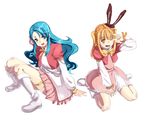  akb0048 animal_ears aqua_eyes aqua_hair blonde_hair boots brown_eyes bunny_ears flower hat kirisato_itsuki long_hair multiple_girls one_eye_closed ribbon shinonome_sonata sitting sono_chieri v 