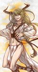  ancient bad_id bad_pixiv_id braid darkwinslow earrings enkidu_(fate/strange_fake) fate/strange_fake fate_(series) green_eyes green_hair highres horns jewelry loincloth long_hair male_focus midriff sandals single_braid solo 