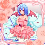  alternate_costume bat_wings bed blue_hair blush bow detached_sleeves dress flower hair_bow kneeling off_shoulder open_mouth petals pillow pink_dress puffy_sleeves red_eyes remilia_scarlet rmk rose short_hair solo touhou wings 