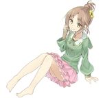  barefoot brown_eyes brown_hair hair_bun hair_ornament highres idolmaster idolmaster_cinderella_girls sitting skirt smile snowflyer solo takamori_aiko 