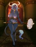  big_breasts blue_hair bovine breasts cattle chain collar cow female fur hair hammer hooves horn huge_breasts jessica_elwood long_hair looking_at_viewer mammal nipples nude plantigrade pussy red_eyes solo tail_tuft tuft voluptuous warhammer weapon wide_hips 