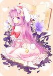  animal_ears book bow bunny_ears bunny_tail capelet crescent crescent_hair_ornament flower hair_ornament hat kemonomimi_mode long_hair looking_back mimi_(mimi_puru) patchouli_knowledge pink_eyes pink_hair pocket_watch solo tail touhou very_long_hair watch 