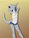  anthro anus bent_over breasts cat clothed clothing coldfire cuntboy dragon feline female flat_chested gray_fur gray_scales hands_behind_head horn intersex looking_through_legs nude pose pubic_hair pussy raised_tail risingdragon scalie shirt skimpy solo tank_top 