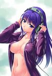  blue_eyes blue_hair blush headphones jacket long_hair malariya navel ono_misao open_clothes quiz_magic_academy solo wet 