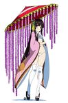  alternate_costume black_hair brown_eyes clog_sandals hair_ornament holding houraisan_kaguya hyouju_issei kneehighs long_hair looking_at_viewer navel platform_footwear race_queen simple_background solo tabi thighhighs touhou umbrella white_background white_legwear 