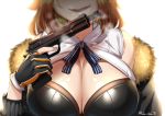  1girl absurdres bare_shoulders black_jacket blue_ribbon blurry breasts breath brown_hair cleavage depth_of_field evil_smile facing_viewer fingerless_gloves fur-trimmed_jacket fur_trim girls_frontline gloves grizzly_mkv_(girls_frontline) gun handgun head_out_of_frame highres holding holding_gun holding_weapon jacket large_breasts long_sleeves lulu-chan92 off_shoulder ribbon shirt short_hair smile smoke solo weapon white_shirt 