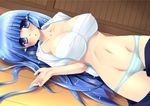  aoki_reika blue_eyes blue_hair blush dutch_angle groin hair_ornament hairclip kazuki_hiyori long_hair lying on_side panties precure sarashi smile_precure! solo underwear 