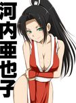  blush breast_hold breasts cleavage cosplay fatal_fury green_eyes hyouka kouchi_ayako large_breasts long_hair looking_at_viewer niwatori_kokezou pelvic_curtain ponytail shiranui_mai shiranui_mai_(cosplay) simple_background smile solo the_king_of_fighters white_background 