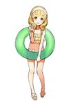  :d bikini blonde_hair bow frilled_swimsuit frills hairband innertube kise_yayoi kuroboshi_kouhaku navel open_mouth precure sandals short_hair simple_background sketch smile smile_precure! solo standing swimsuit tankini v white_background white_hairband yellow_eyes 