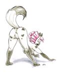  anus bent_over breasts cat ear_piercing feline female fur gray_fur grey_fur hair mammal nude piercing pink_hair pussy raised_tail risingdragon solo stretching 