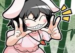  1girl animal_ears black_hair blush bunny_ears carrot closed_eyes commentary_request food grin inaba_tewi puffy_sleeves roah short_hair short_sleeves smile solo touhou v vegetable 