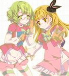  akb0048 animal_ears bad_id bad_pixiv_id blonde_hair blush book bunny_ears glasses green_eyes green_hair hat kanzaki_suzuko multiple_girls ribbon shinonome_sonata smile sumomo_(peach-breath) thighhighs v yellow_eyes 