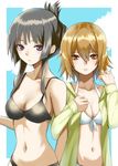  akiyama_mio bikini black_eyes black_hair breasts brown_eyes brown_hair cleavage front-tie_top hood hoodie jacket k-on! long_hair medium_breasts multiple_girls navel open_clothes open_hoodie short_hair simon_(n.s_craft) strap_gap swimsuit tainaka_ritsu 