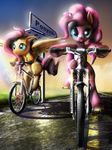  bicycle blue_eyes cutie_mark duo english_text equine female feral fluttershy_(mlp) friendship_is_magic fur girly green_eyes hair horse looking_at_viewer mammal my_little_pony outside pegasus pink_fur pink_hair pinkie_pie_(mlp) pony rainbow riding text wings wylfden yellow_fur 