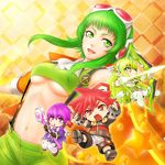  3girls aisha_(elsword) bow_(weapon) breasts chibi crossover elsword elsword_(character) goggles goggles_on_head grand_archer_(elsword) green_eyes green_hair gumi hair_tubes headphones knight_(elsword) long_hair magician_(elsword) medium_breasts megpoid_(vocaloid3) midriff misawa_kei multiple_girls navel open_mouth pointy_ears purple_eyes purple_hair red_eyes red_hair rena_(elsword) short_hair staff suspenders underboob vocaloid weapon 