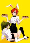  blush food green_eyes green_hair hair_ornament hino_akane_(smile_precure!) looking_back midorikawa_nao multiple_girls okonomiyaki ponytail precure red_eyes red_hair short_hair skirt sleeves_rolled_up smile_precure! straddling thighhighs tima tray waitress 