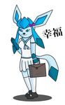  blue_eyes breasts feline female glaceon_pokemon looking_at_viewer plain_background school_uniform schoolgirl schoolgirl_uniform skirt smile solo white_background 