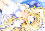  air blonde_hair blue_eyes blush breasts cleavage dinosaur dress from_above hand_on_forehead highres kamio_misuzu long_hair looking_up lying medium_breasts on_back open_mouth ponytail ringo_sui shiny shiny_skin shirt solo stuffed_animal stuffed_toy taut_clothes taut_shirt thigh_gap upside-down 
