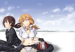  bad_id bad_pixiv_id belt blue_eyes blush breasts brown_hair cameltoe charlotte_e_yeager cleavage closed_eyes fingerless_gloves gertrud_barkhorn gloves goggles kuronyan long_hair medium_breasts midriff multiple_girls navel orange_hair panties ponytail strike_witches underwear white_panties world_witches_series 