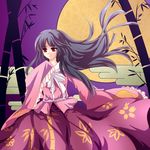  bamboo black_hair cloud hime_cut houraisan_kaguya long_hair long_sleeves moon night red_eyes sheeg sky smile solo touhou very_long_hair wide_sleeves 