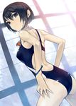  ass backless_outfit black_eyes black_hair blue_swimsuit breasts competition_swimsuit dekappara_futoriusu from_behind goggles goggles_around_neck looking_back medium_breasts one-piece_swimsuit original short_hair solo swimsuit wet window wrist_straps 