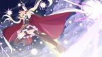  armpits arms_up blonde_hair boots bow cape fate_testarossa gauntlets h-new hair_bow highres long_hair lyrical_nanoha mahou_shoujo_lyrical_nanoha mahou_shoujo_lyrical_nanoha_a's mahou_shoujo_lyrical_nanoha_the_movie_2nd_a's red_eyes skirt solo thighhighs twintails 