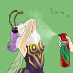  antennae armpits bee_girl covering_eyes green_background hands hands_on_own_face insect_girl insect_wings monster_girl ocara onomatopoeia pantyhose purple_hair q-bee simple_background sleeveless solo spray vampire_(game) wings 
