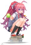  ahoge blush book candy food happa_(cloverppd) highres holding lollipop long_hair looking_at_viewer necktie original pink_hair plaid plaid_skirt ponytail purple_eyes school_uniform skirt smile socks solo squatting white_background 