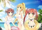  :d :o beach bikini blonde_hair blue_eyes blush brown_hair bunny_hair_ornament day flower green_eyes hair_flower hair_ornament innertube long_hair multiple_girls navel off_shoulder one-piece_swimsuit open_mouth original ponytail red_hair short_twintails smile swimsuit twintails usagihime white_swimsuit 