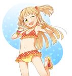  ;d bikini blonde_hair bow bracelet eyelashes hair_bobbles hair_bow hair_ornament hanatsuka idolmaster idolmaster_cinderella_girls jewelry jougasaki_rika navel one_eye_closed open_mouth polka_dot polka_dot_bikini polka_dot_swimsuit sandals smile swimsuit two_side_up yellow_eyes 