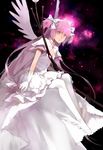  ankle_wings bow bow_(weapon) cleavage_cutout cotta dress gloves hair_bow highres kaname_madoka long_hair magical_girl mahou_shoujo_madoka_magica pantyhose pink_hair sitting solo space two_side_up ultimate_madoka very_long_hair weapon white_dress white_gloves white_legwear white_wings wings yellow_eyes 