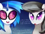 2012 black_hair blue_hair couple dialog dialogue english_text equine eyewear female feral friendship_is_magic glasses hair horn horse looking_at_viewer mammal my_little_pony negativefox octavia_(mlp) pony purple_eyes smile sunglasses text two_tone_hair unicorn vinyl_scratch_(mlp) 