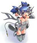  :d blue_eyes blue_hair blush breasts cleavage demon_girl detached_sleeves full_body headphones horns katahira_masashi leotard looking_at_viewer md5_mismatch medium_breasts open_mouth original personification simple_background smile solo sony thighhighs twintails wings 