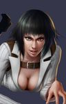  absurdres black_hair breasts cleavage devil_may_cry devil_may_cry_4 green_eyes heterochromia highres lady_(devil_may_cry) large_breasts purple_eyes realistic renyu1012 short_hair solo 